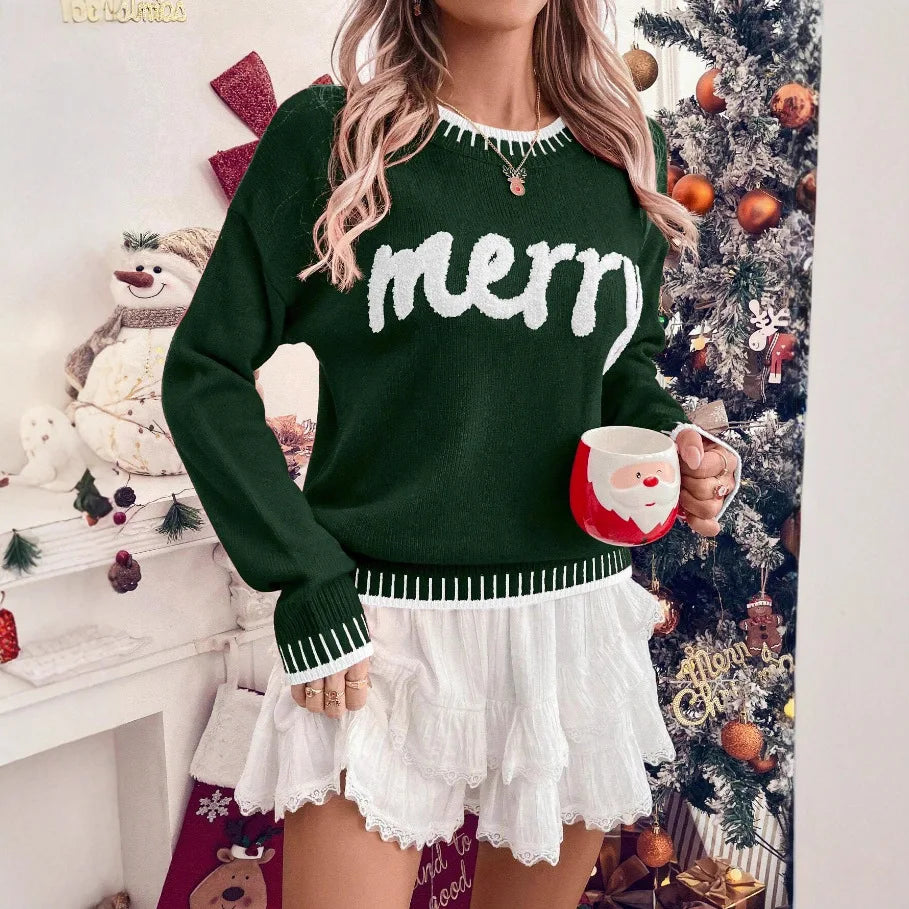 2025 New Winter Christmas Sweater For Women Print Knitted Long Sleeve Y2K Clothes Warm Jumpers Pullover Tops Knitwear