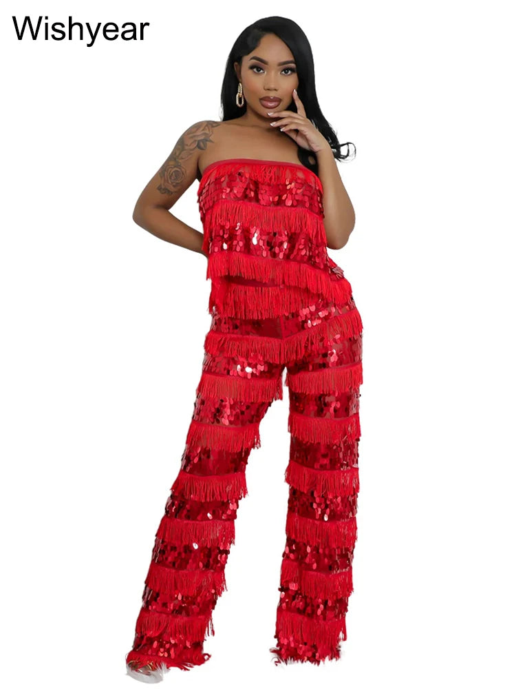 New Luxury Sequin Tassel Women Sleeveless Strapless Crop Tops and Wide Leg Pants Two 2 Piece Sexy Club Birthday Matching Sets