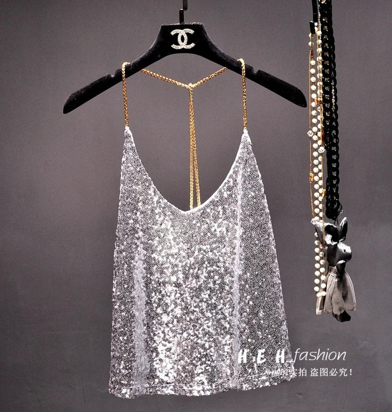 Sequins Condole Belt Vest, Women's Fashion Wear Tops 2023 Suumer Sexy Low-cut Loose T-shirts tank top  tops