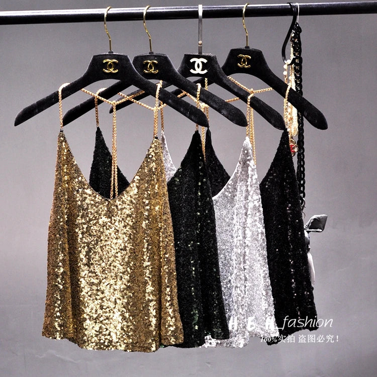 Sequins Condole Belt Vest, Women's Fashion Wear Tops 2023 Suumer Sexy Low-cut Loose T-shirts tank top  tops