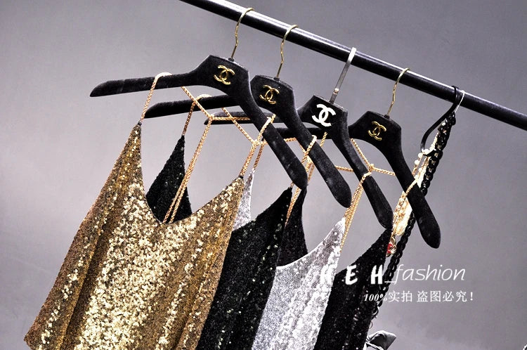 Sequins Condole Belt Vest, Women's Fashion Wear Tops 2023 Suumer Sexy Low-cut Loose T-shirts tank top  tops