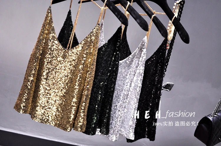 Sequins Condole Belt Vest, Women's Fashion Wear Tops 2023 Suumer Sexy Low-cut Loose T-shirts tank top  tops