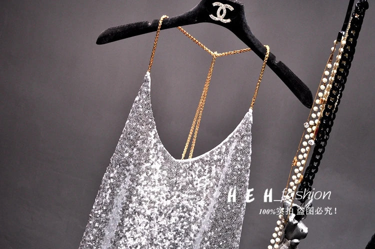 Sequins Condole Belt Vest, Women's Fashion Wear Tops 2023 Suumer Sexy Low-cut Loose T-shirts tank top  tops