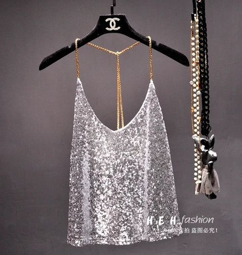 Sequins Condole Belt Vest, Women's Fashion Wear Tops 2023 Suumer Sexy Low-cut Loose T-shirts tank top  tops