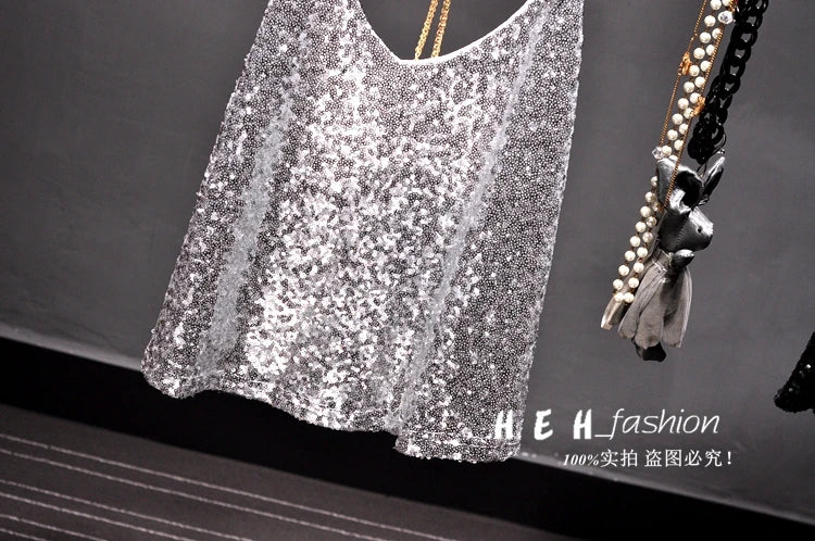 Sequins Condole Belt Vest, Women's Fashion Wear Tops 2023 Suumer Sexy Low-cut Loose T-shirts tank top  tops