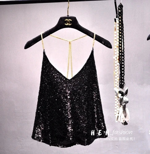 Sequins Condole Belt Vest, Women's Fashion Wear Tops 2023 Suumer Sexy Low-cut Loose T-shirts tank top  tops
