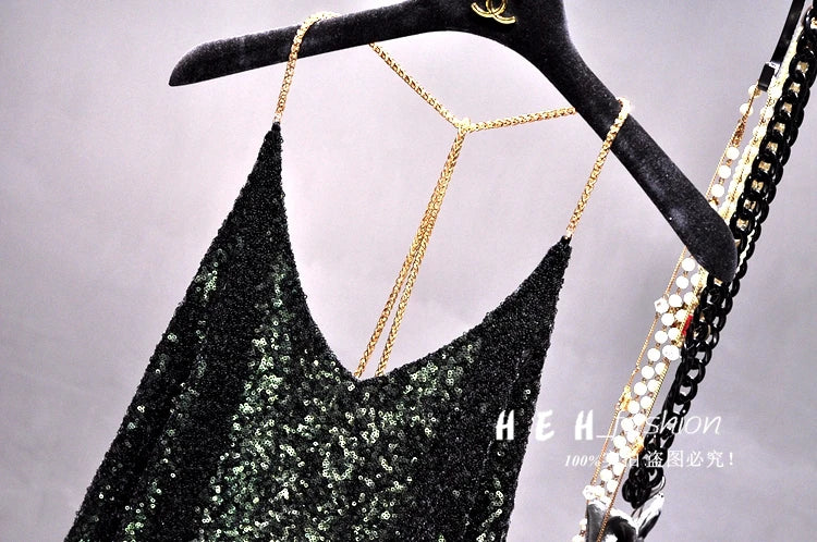 Sequins Condole Belt Vest, Women's Fashion Wear Tops 2023 Suumer Sexy Low-cut Loose T-shirts tank top  tops