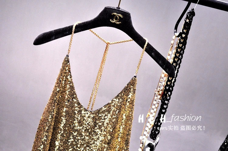 Sequins Condole Belt Vest, Women's Fashion Wear Tops 2023 Suumer Sexy Low-cut Loose T-shirts tank top  tops