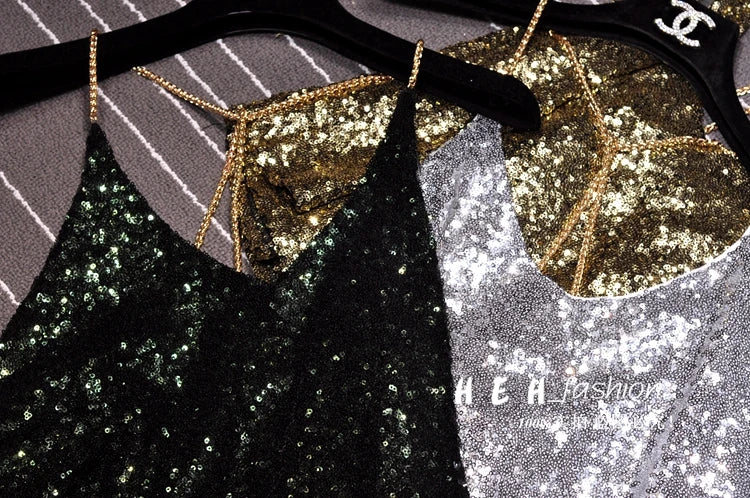 Sequins Condole Belt Vest, Women's Fashion Wear Tops 2023 Suumer Sexy Low-cut Loose T-shirts tank top  tops