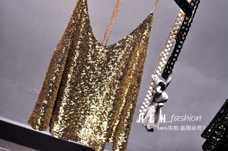 Sequins Condole Belt Vest, Women's Fashion Wear Tops 2023 Suumer Sexy Low-cut Loose T-shirts tank top  tops