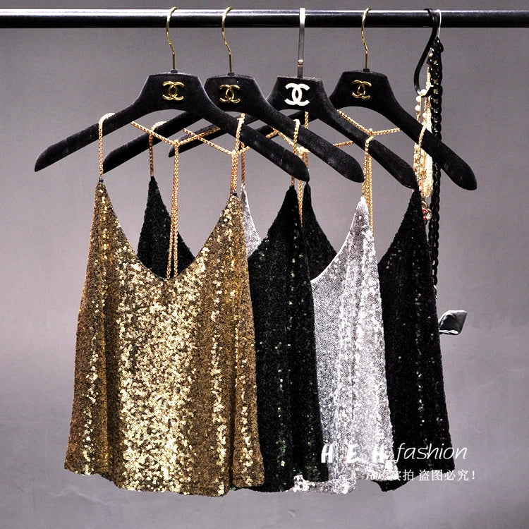 Sequins Condole Belt Vest, Women's Fashion Wear Tops 2023 Suumer Sexy Low-cut Loose T-shirts tank top  tops