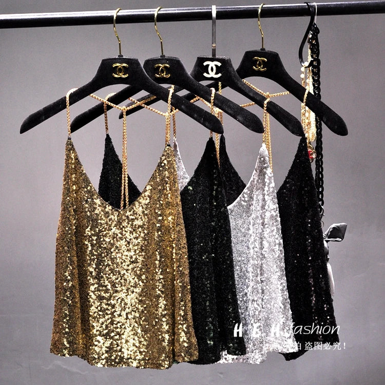 Sequins Condole Belt Vest, Women's Fashion Wear Tops 2023 Suumer Sexy Low-cut Loose T-shirts tank top  tops