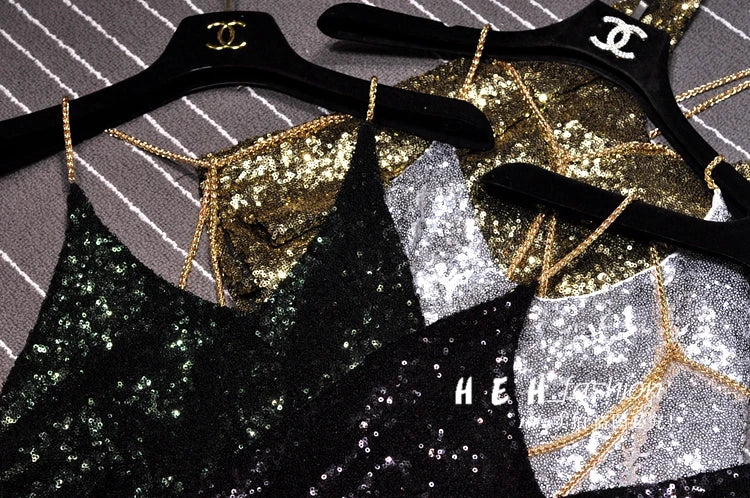 Sequins Condole Belt Vest, Women's Fashion Wear Tops 2023 Suumer Sexy Low-cut Loose T-shirts tank top  tops