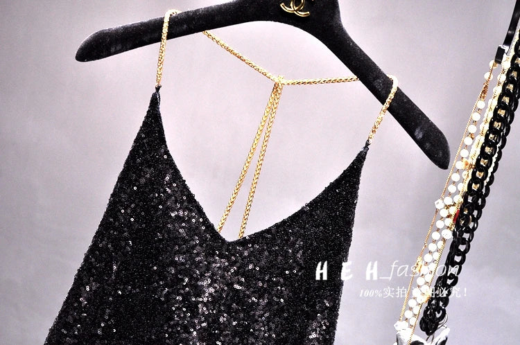 Sequins Condole Belt Vest, Women's Fashion Wear Tops 2023 Suumer Sexy Low-cut Loose T-shirts tank top  tops