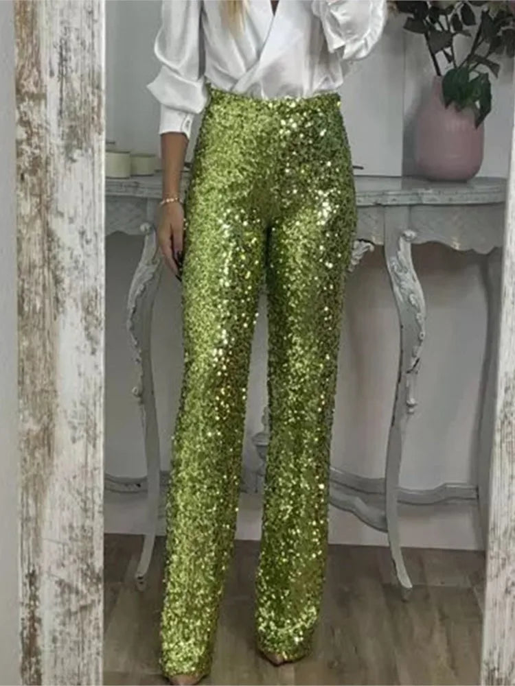Fashion Sequin Slim Women's Long Pants Spring And Summer New Simple Elegant Party Women Stretch Straight Flared Long Pants 2025