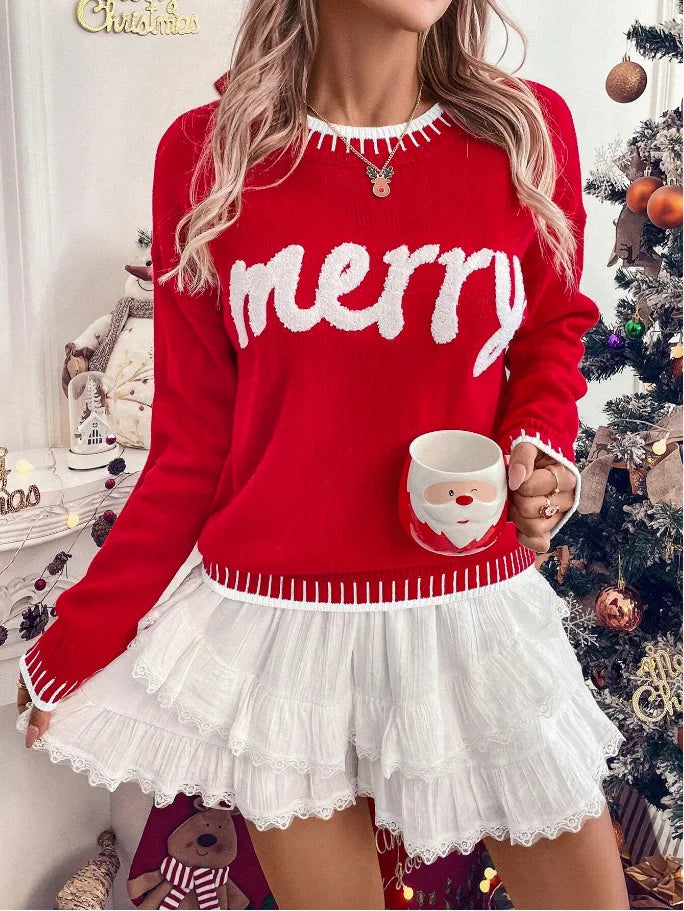 2025 New Winter Christmas Sweater For Women Print Knitted Long Sleeve Y2K Clothes Warm Jumpers Pullover Tops Knitwear