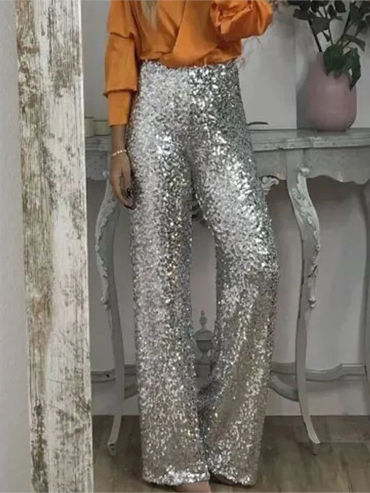 Fashion Sequin Slim Women's Long Pants Spring And Summer New Simple Elegant Party Women Stretch Straight Flared Long Pants 2025