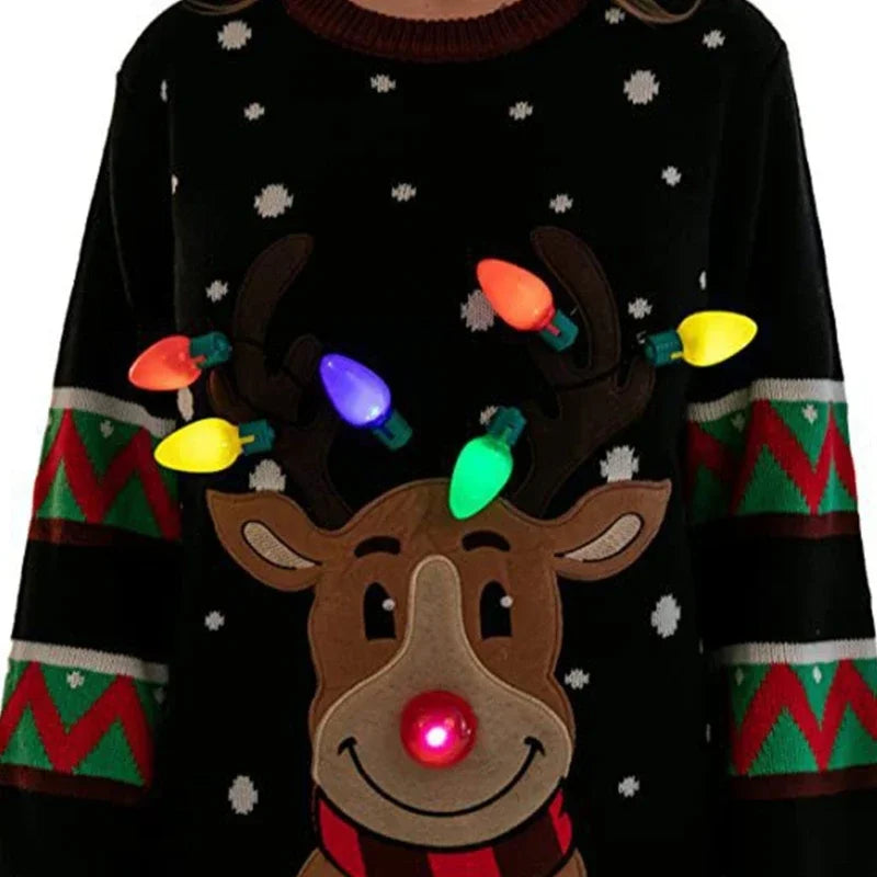 Women 2025 New LED Light Up Holiday Sweater Christmas Cartoon Reindeer Knit Pullover Top
