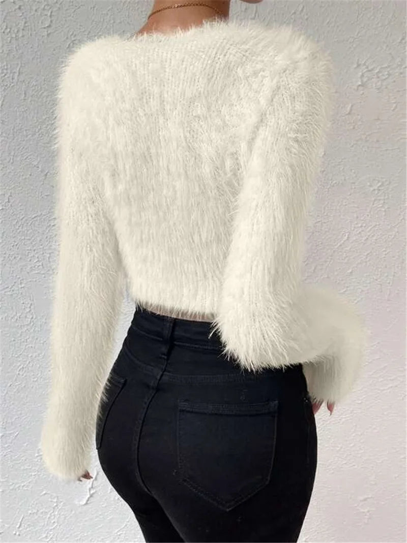 Women's Sweater Sexy V Neck Fashion Long Sleeve Slim Solid Color Cropped Top