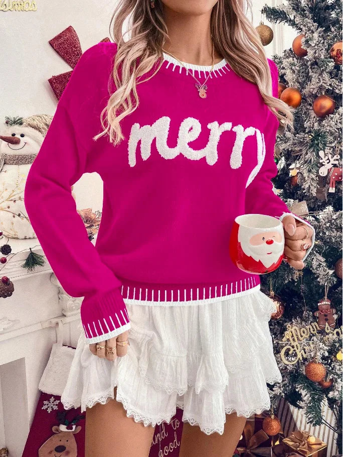 2025 New Winter Christmas Sweater For Women Print Knitted Long Sleeve Y2K Clothes Warm Jumpers Pullover Tops Knitwear