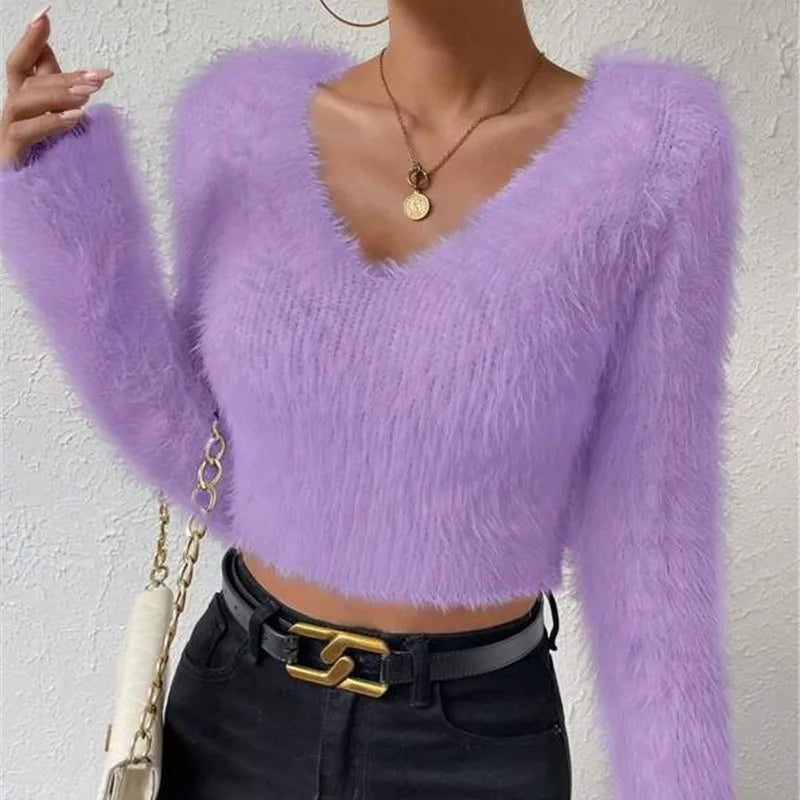 Women's Sweater Sexy V Neck Fashion Long Sleeve Slim Solid Color Cropped Top