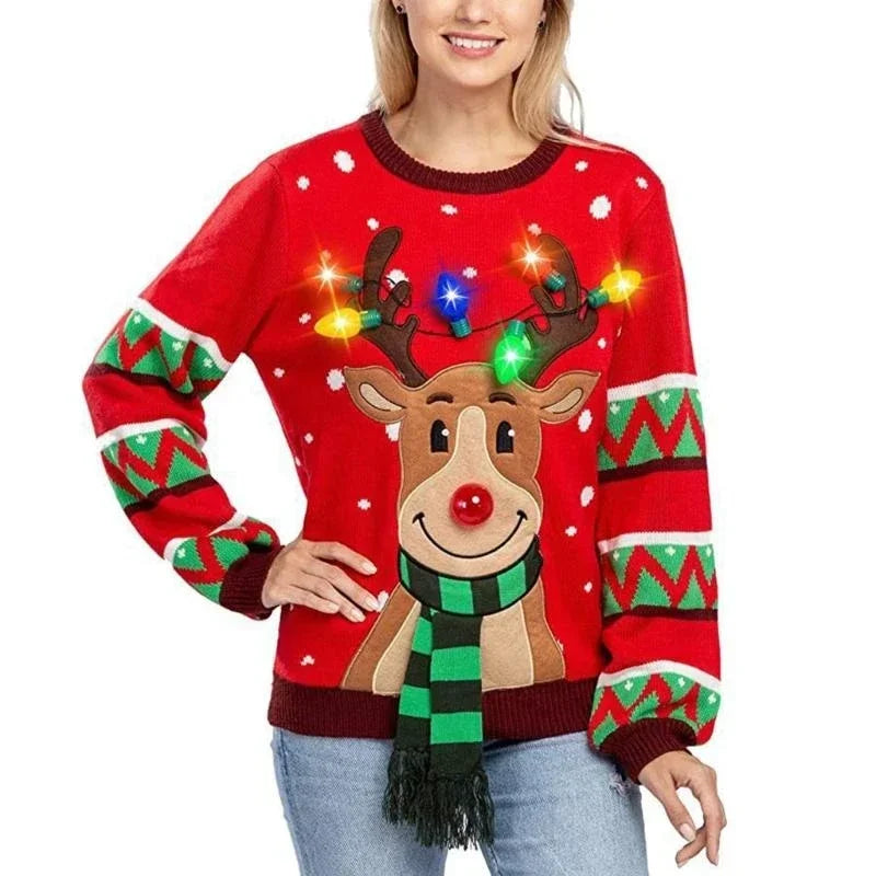 Women 2025 New LED Light Up Holiday Sweater Christmas Cartoon Reindeer Knit Pullover Top