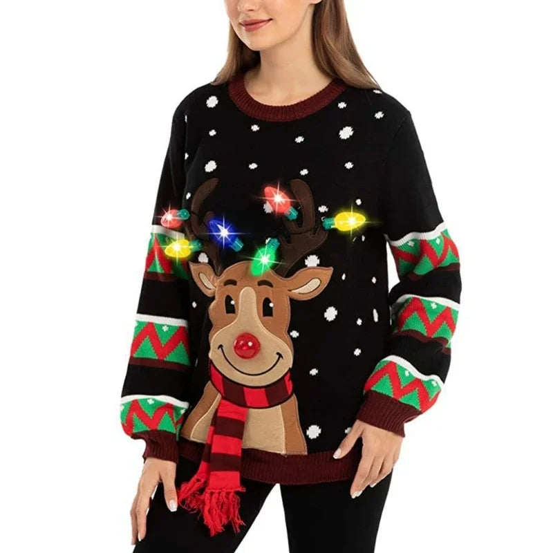 Women 2025 New LED Light Up Holiday Sweater Christmas Cartoon Reindeer Knit Pullover Top