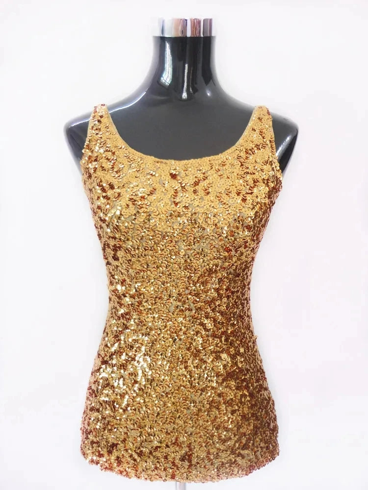 New Women Sequined Spaghetti Camisole Tank Tops Summer Clubwear Tops Sexy Round Neck Sequin Camis Vest Tops Blue