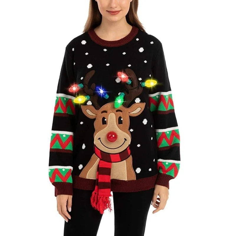 Women 2025 New LED Light Up Holiday Sweater Christmas Cartoon Reindeer Knit Pullover Top