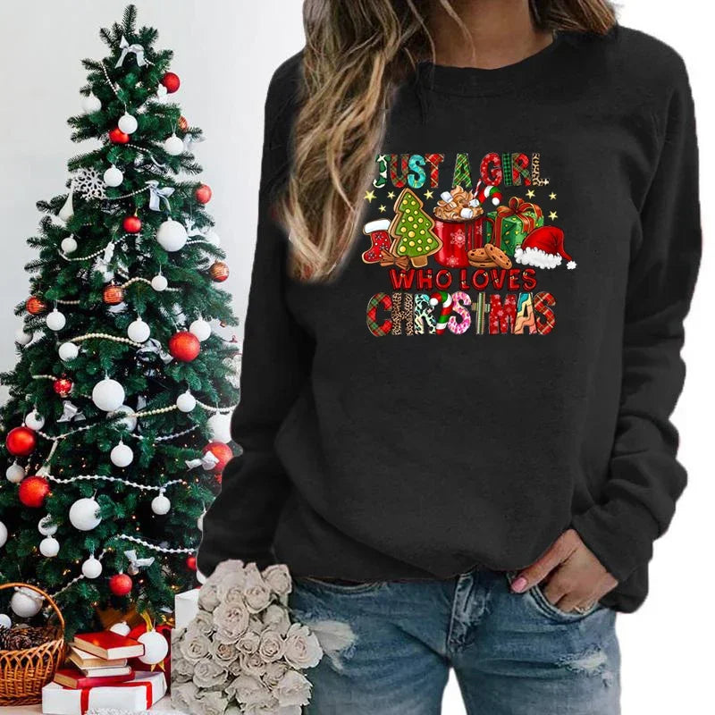 Women's Christmas Sweatshirts Just A Girl Who Loves Christmas Printed Lover Pullovers Holiday Winter Autumn Tops Clothing Y2k