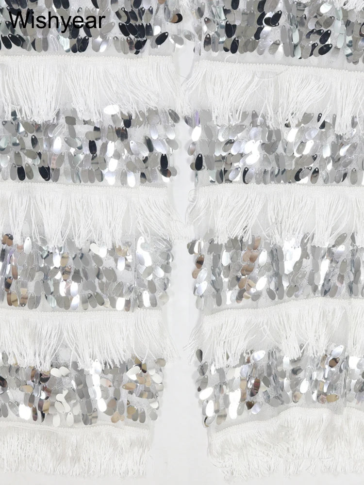 New Luxury Sequin Tassel Women Sleeveless Strapless Crop Tops and Wide Leg Pants Two 2 Piece Sexy Club Birthday Matching Sets