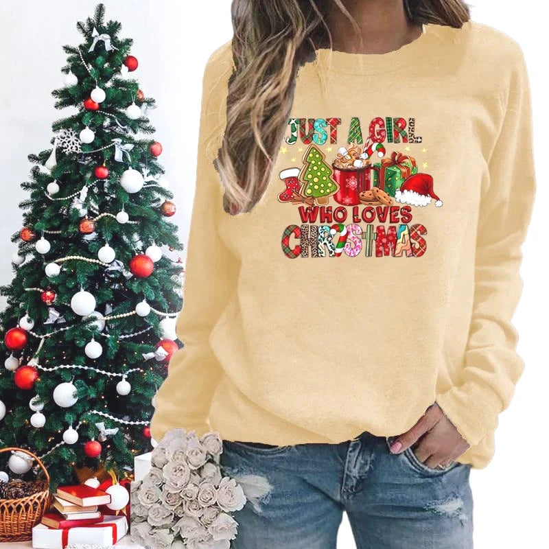 Women's Christmas Sweatshirts Just A Girl Who Loves Christmas Printed Lover Pullovers Holiday Winter Autumn Tops Clothing Y2k
