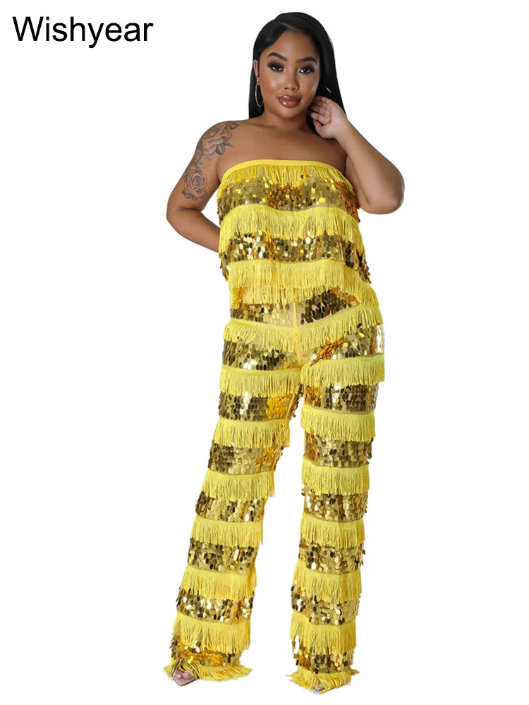 New Luxury Sequin Tassel Women Sleeveless Strapless Crop Tops and Wide Leg Pants Two 2 Piece Sexy Club Birthday Matching Sets