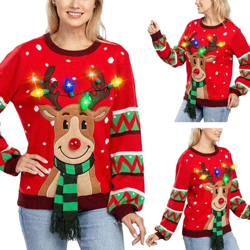 Women 2025 New LED Light Up Holiday Sweater Christmas Cartoon Reindeer Knit Pullover Top