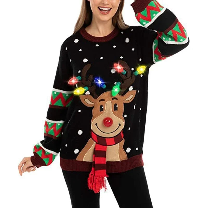 Women 2025 New LED Light Up Holiday Sweater Christmas Cartoon Reindeer Knit Pullover Top