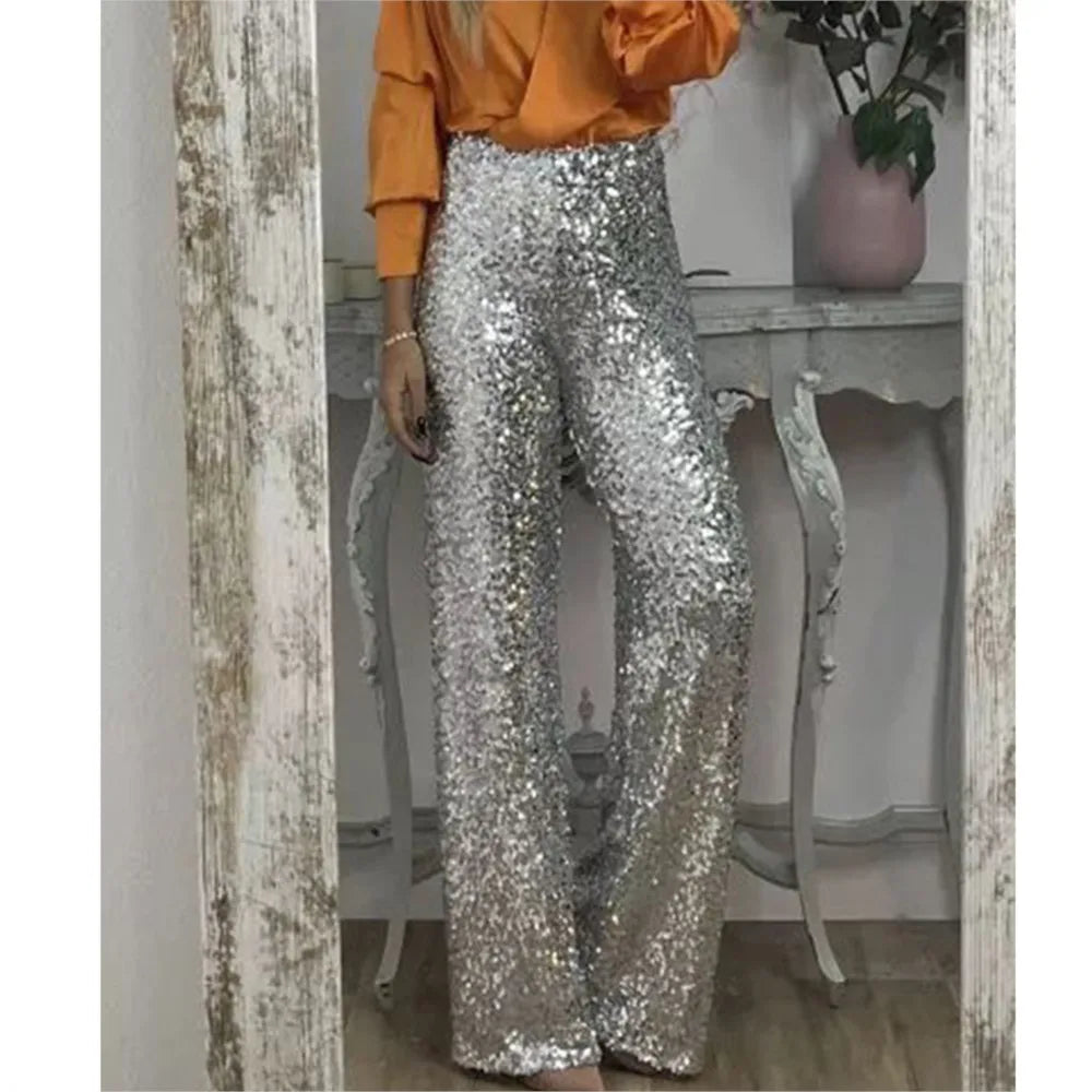Fashion Sequin Slim Women's Long Pants Spring And Summer New Simple Elegant Party Women Stretch Straight Flared Long Pants 2025