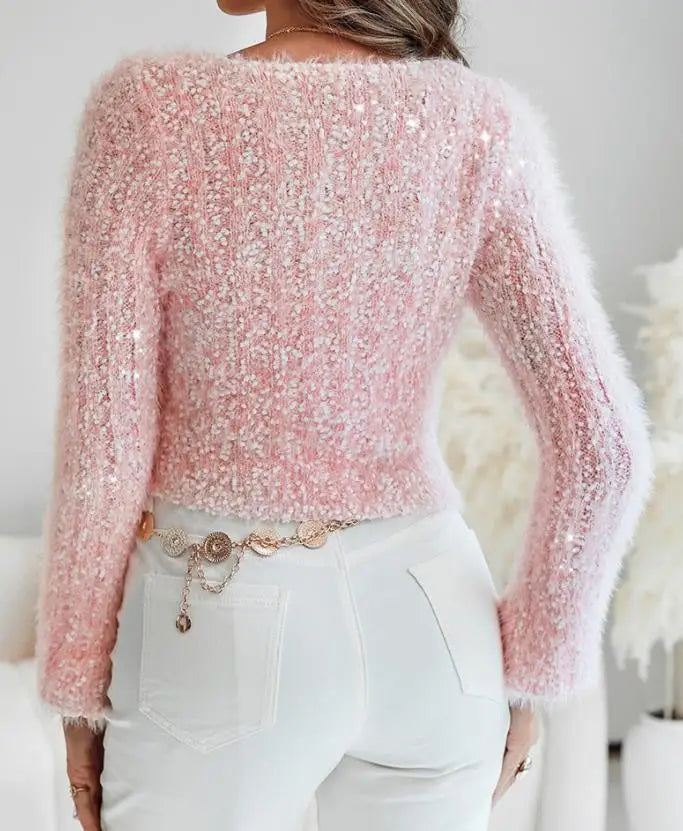 Women's Sweater 2025 Spring Autumn New Solid Color Skew Neck Bell Sleeve Textured Fuzzy Casual Long Sleeve Slim Knit Sweater