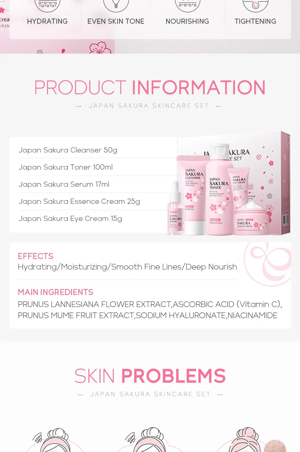 LAIKOU Sakura Kit Skin Care Sets Moisturizing and Reducing Fine Lines Cleansing Pore Product 5-Piece Korean Skincare Set