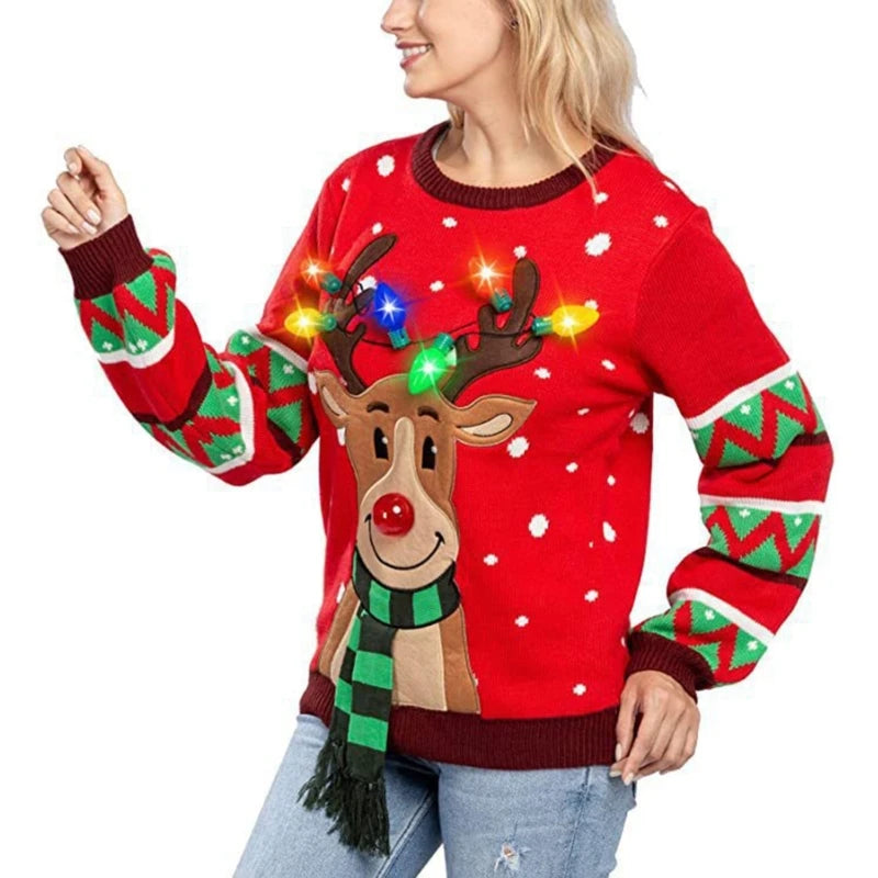 Women 2025 New LED Light Up Holiday Sweater Christmas Cartoon Reindeer Knit Pullover Top
