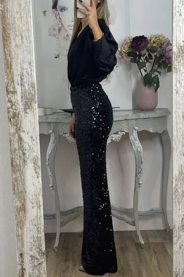 Fashion Sequin Slim Women's Long Pants Spring And Summer New Simple Elegant Party Women Stretch Straight Flared Long Pants 2025