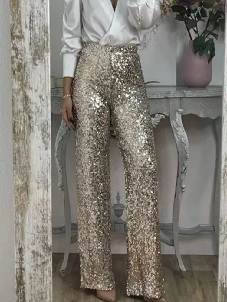 Fashion Sequin Slim Women's Long Pants Spring And Summer New Simple Elegant Party Women Stretch Straight Flared Long Pants 2025