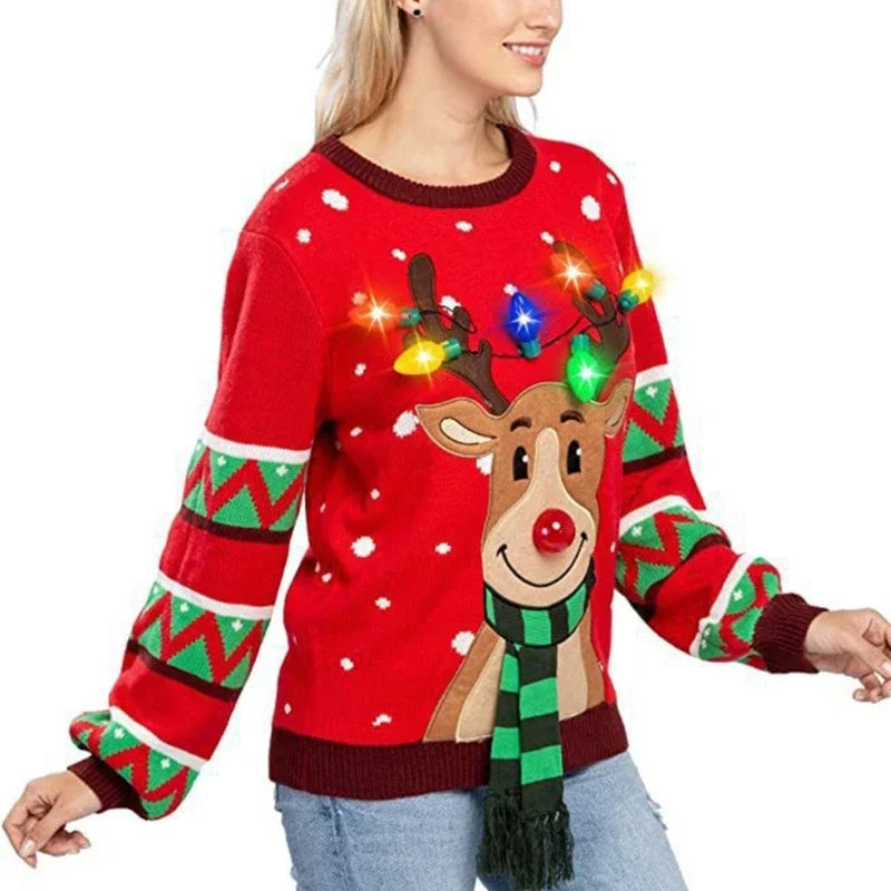 Women 2025 New LED Light Up Holiday Sweater Christmas Cartoon Reindeer Knit Pullover Top