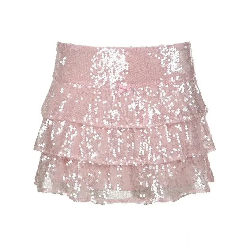Sequin Skirt Women Pink Skirts for Sweet and Hot Girls Mesh Cake Skirt Summer New Chic Sexy Slim Fit Short Skirt for Women