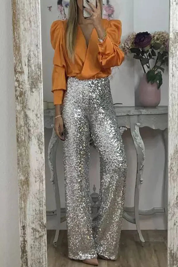 Fashion Sequin Slim Women's Long Pants Spring And Summer New Simple Elegant Party Women Stretch Straight Flared Long Pants 2025