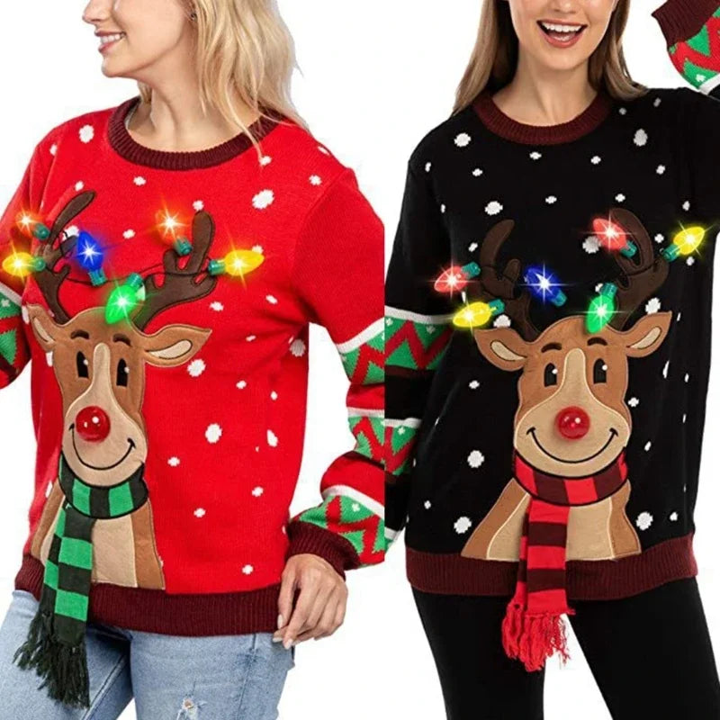 Women 2025 New LED Light Up Holiday Sweater Christmas Cartoon Reindeer Knit Pullover Top