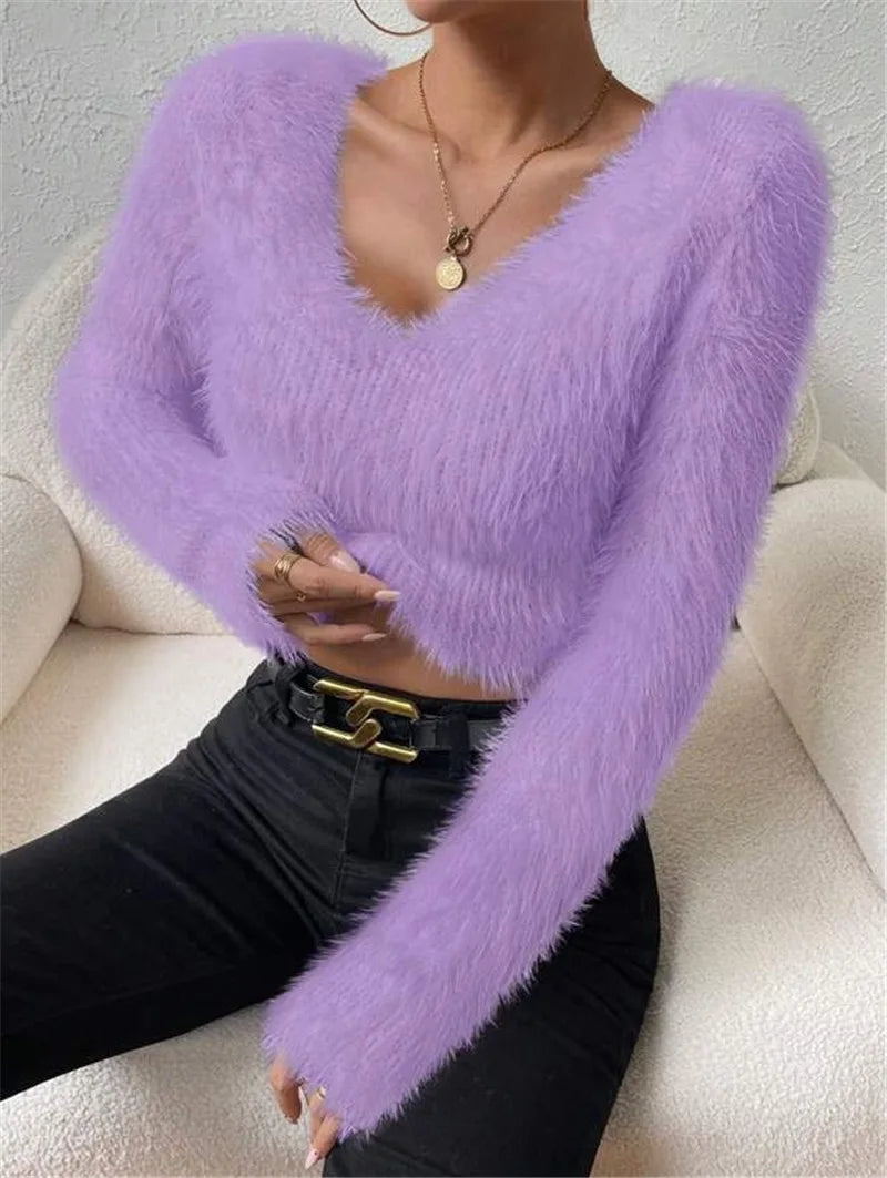 Women's Sweater Sexy V Neck Fashion Long Sleeve Slim Solid Color Cropped Top