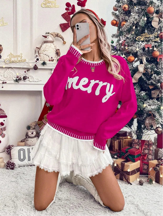 2025 New Winter Christmas Sweater For Women Print Knitted Long Sleeve Y2K Clothes Warm Jumpers Pullover Tops Knitwear