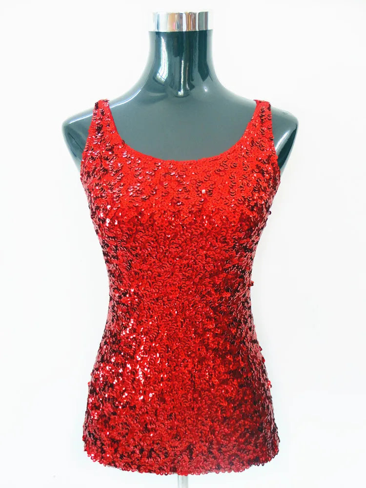 New Women Sequined Spaghetti Camisole Tank Tops Summer Clubwear Tops Sexy Round Neck Sequin Camis Vest Tops Blue