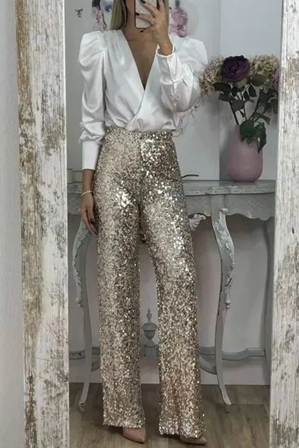 Fashion Sequin Slim Women's Long Pants Spring And Summer New Simple Elegant Party Women Stretch Straight Flared Long Pants 2025