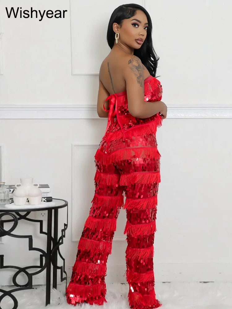 New Luxury Sequin Tassel Women Sleeveless Strapless Crop Tops and Wide Leg Pants Two 2 Piece Sexy Club Birthday Matching Sets